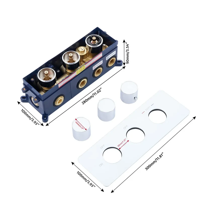 2-Way Shower Diverter Thermostatic Valve 3-Handle Multi-Function Brass Construction Tempered Glass Panel Hotel Polished Modern