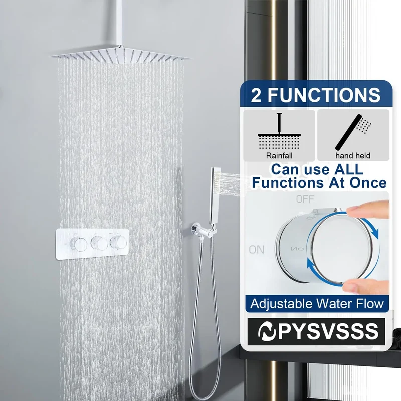 2-Way Shower Diverter Thermostatic Valve 3-Handle Multi-Function Brass Construction Tempered Glass Panel Hotel Polished Modern