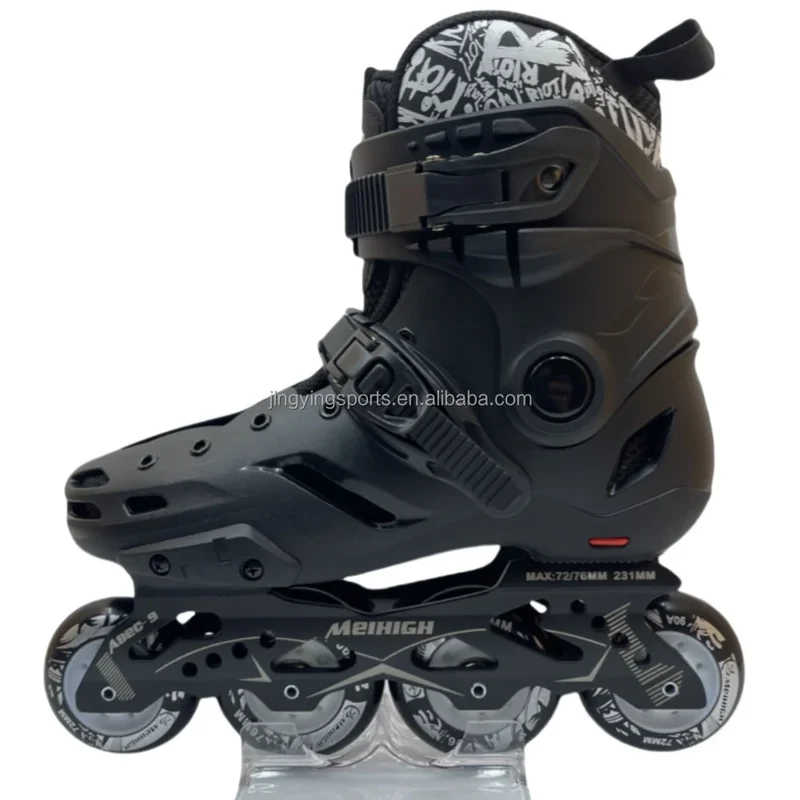 Jing Stock Urban Freestyle Slalom Black White 4 Wheels Hard Boot Roller Inline Skate for Adult