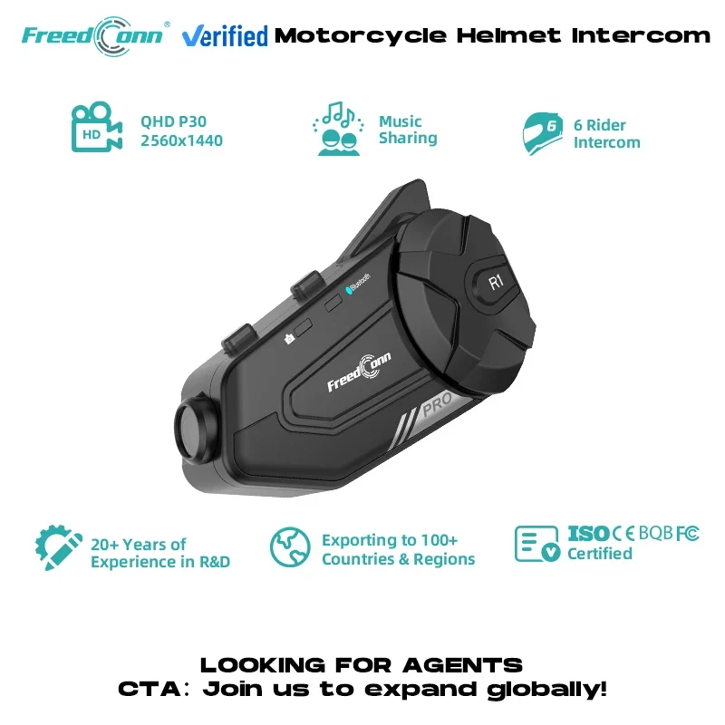 FreedConn Intercom Recorder R1 Pro 2K Wireless Communication Excessive Power and Unlimited Energy for Motorcycles