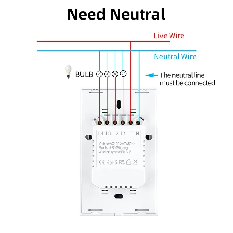 LangYeao US WiFi Smart Wall Light Switch 1/2/3/4 Gang Touch Panel with Neutral Wire Compatible with for Tuya App & Smart Life