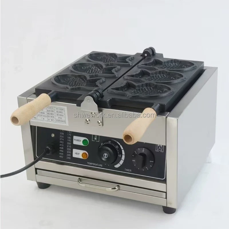 WeWork Commercial Taiyaki Machine Fish Electric Taiyaki Waffle Machine with 3pcs Closed Mouth Fish Shape Taiyaki Waffle Maker