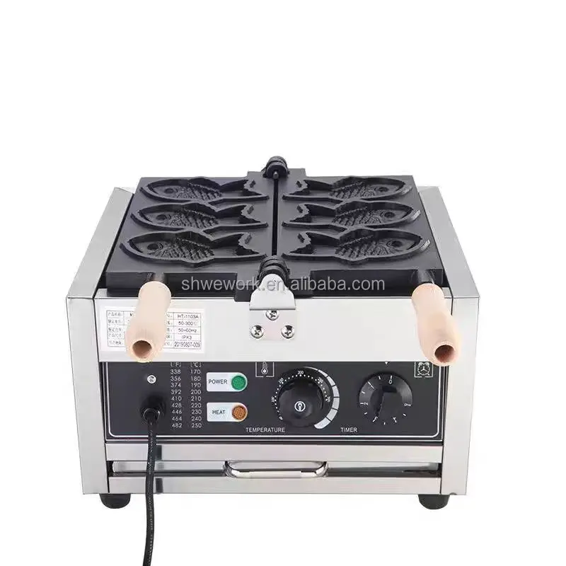 WeWork Commercial Taiyaki Machine Fish Electric Taiyaki Waffle Machine with 3pcs Closed Mouth Fish Shape Taiyaki Waffle Maker
