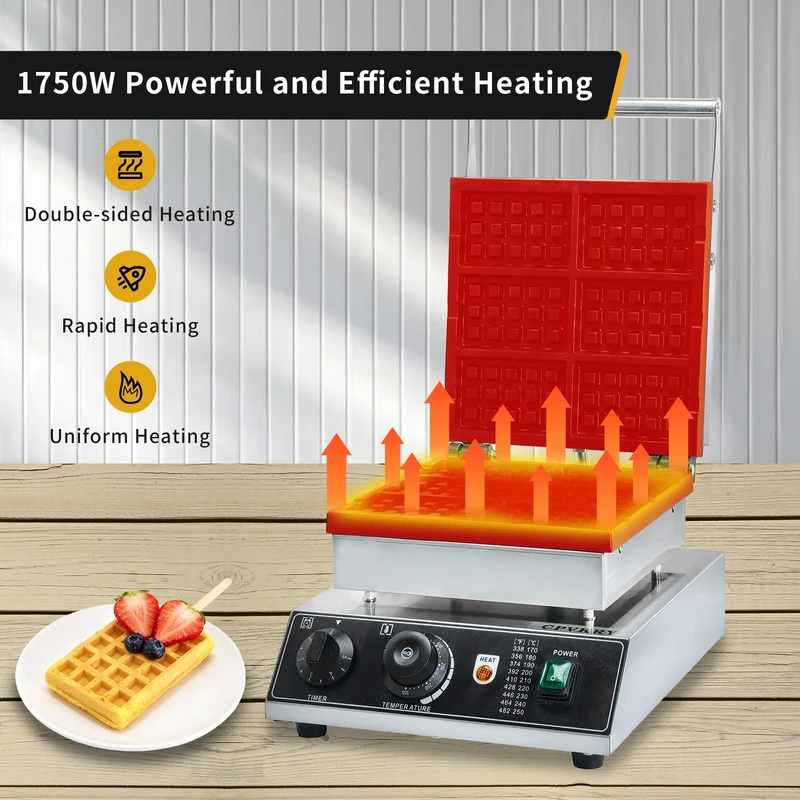 1750W Commercial Stainless Steel Non-Stick Waffle Maker 50-300℃ Commercial Flip Balance Heating Waffle Iron 6pcs Honeycomb New