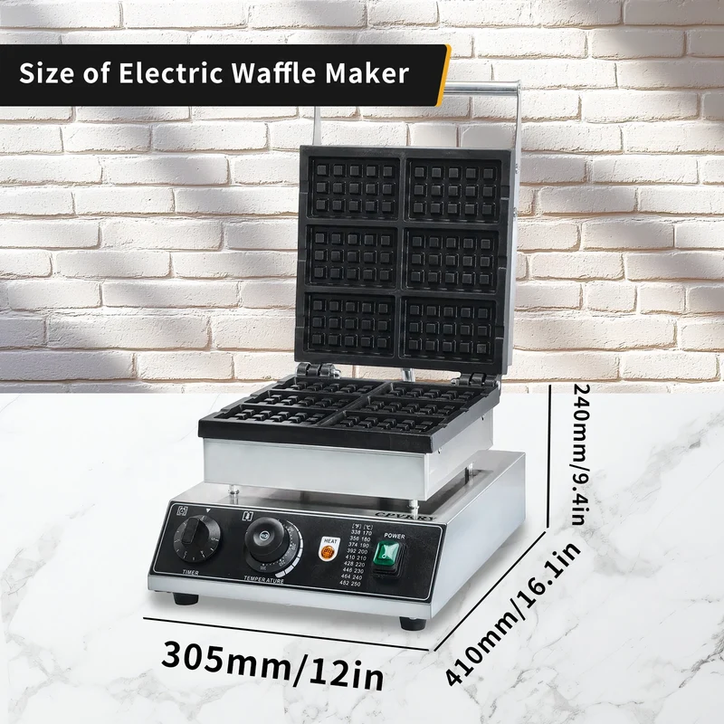 1750W Commercial Stainless Steel Non-Stick Waffle Maker 50-300℃ Commercial Flip Balance Heating Waffle Iron 6pcs Honeycomb New