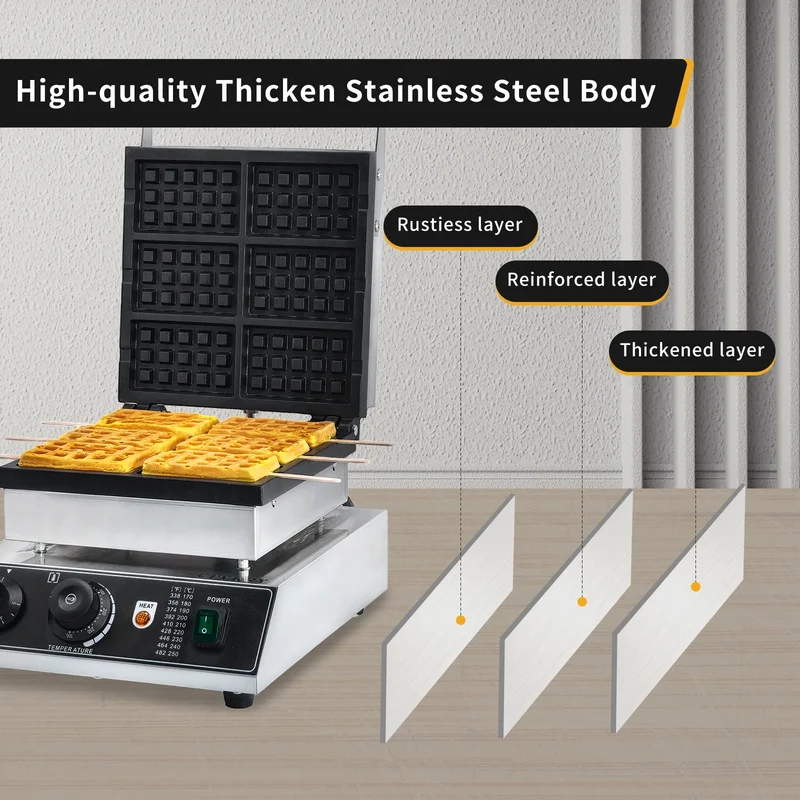 1750W Commercial Stainless Steel Non-Stick Waffle Maker 50-300℃ Commercial Flip Balance Heating Waffle Iron 6pcs Honeycomb New