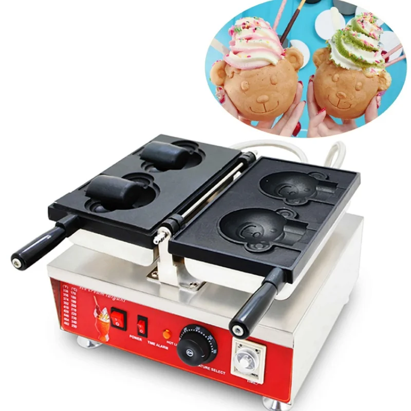 2PCS Commercial Electric Bear Waffle Maker Ice Cream Cone Teddy Bear Shaped Mini Waffle Cake Maker Temperature Control Non-stick