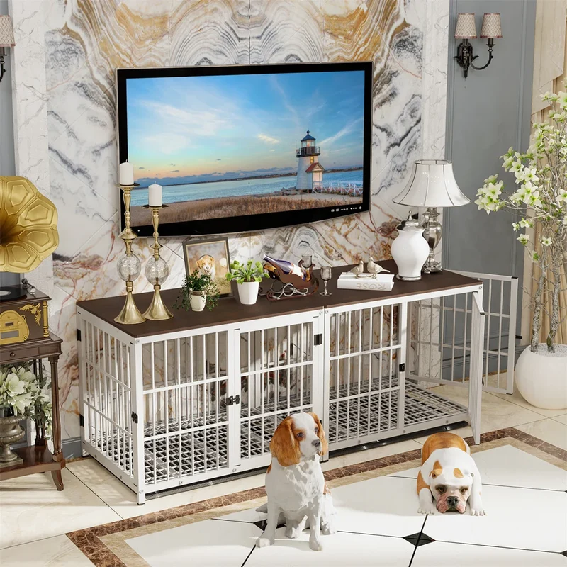 Furniture Style Dog Crate White Pet Kennel Black Cage End Table with Three Doors and Removable Tray, for Small Medium Large Dogs