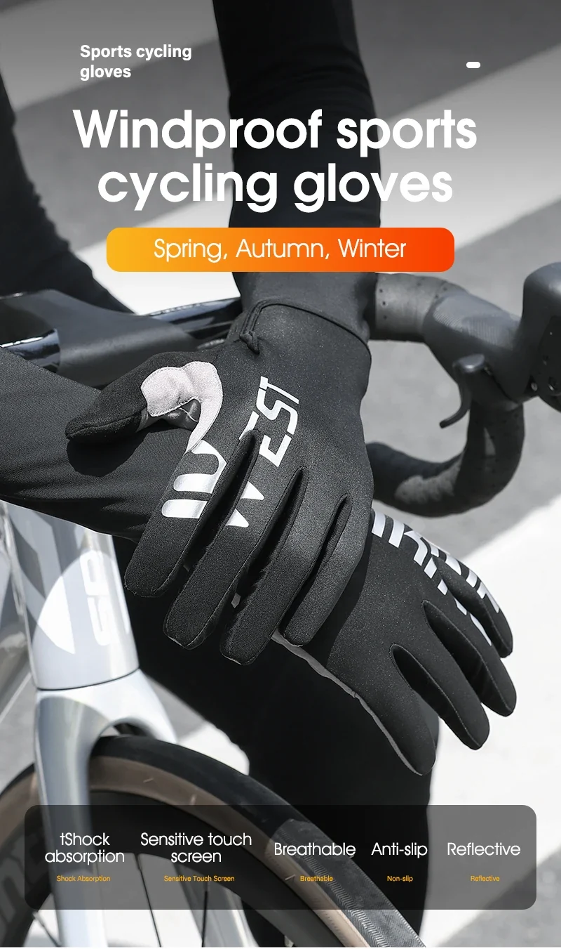 WEST BIKING Winter Warm Cycling Gloves Reflective MTB Road Bicycle Men's Windproof Thermal Anti-slip Touch Screen Sports Gloves