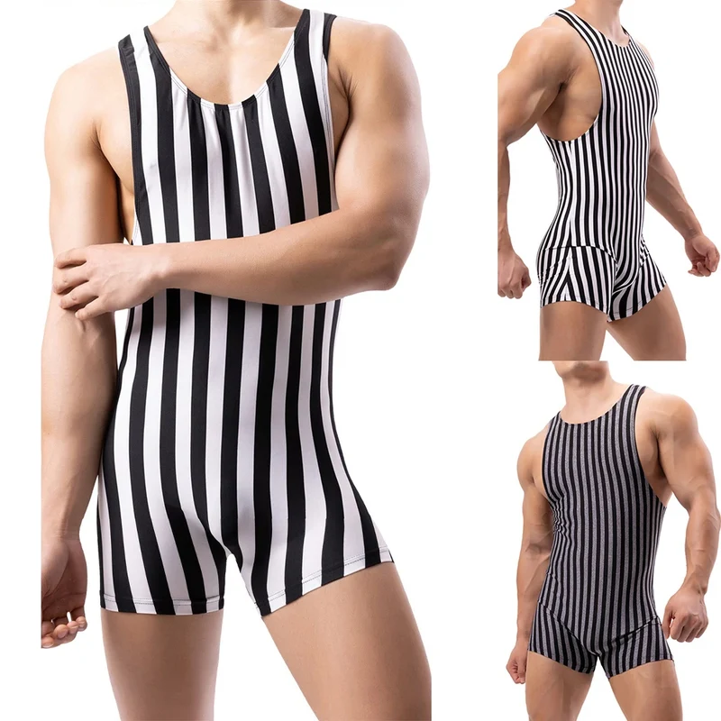Mens Sexy Vertical Striped Sleeveless Fitness Bodysuit Thin Breathable Boxers Underwear Jumpsuits Sports Tight Pajamas Sleepwear