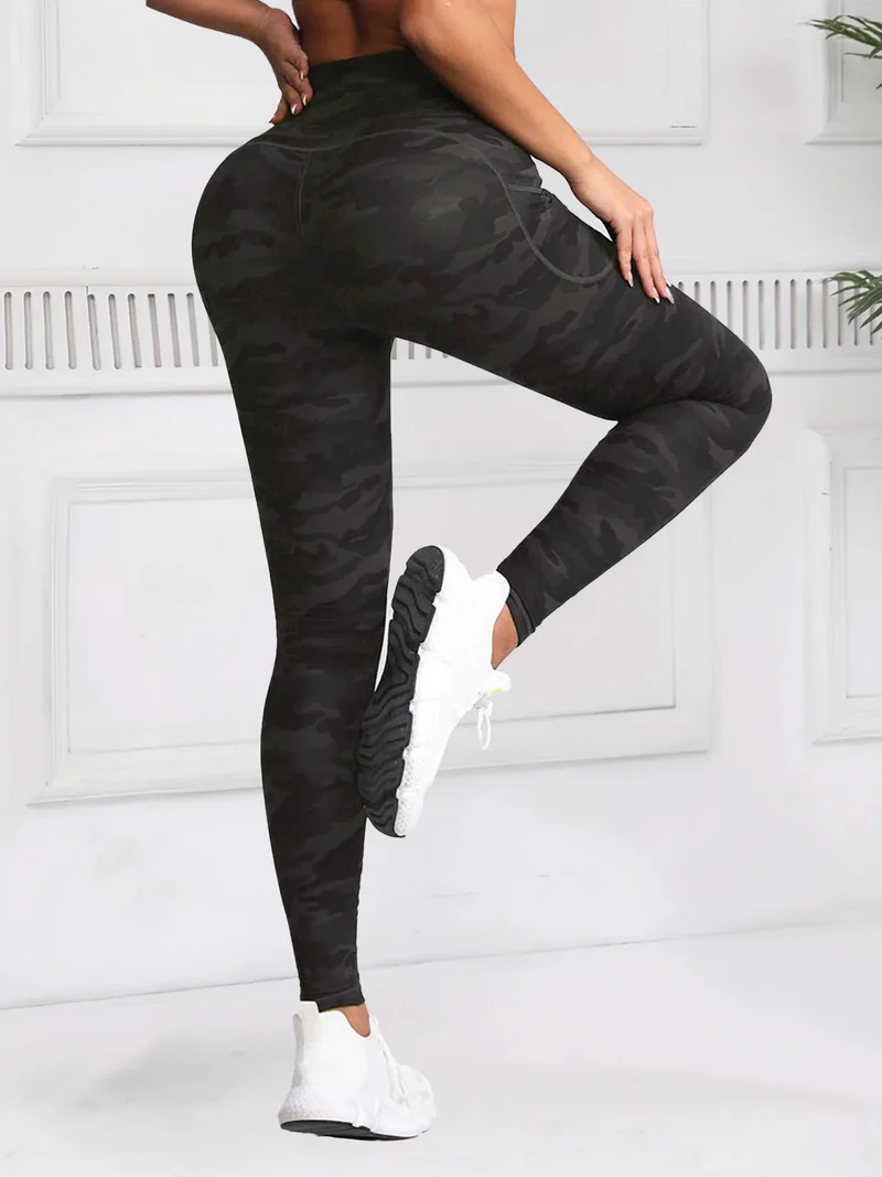 Women Camouflage Printing Leggings with Pockets High Waist Elastic Fitness Tights Outdoors Running Pants