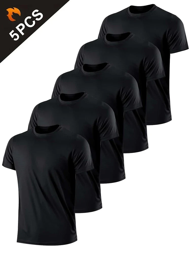 5PCS Men's Solid Color Ultralight Quick Dry Sport T-Shirt, Breathable Lightweight Top For Fitness Training Workout Running Gym