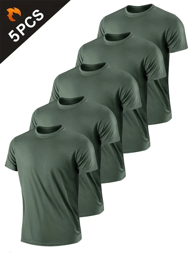 5PCS Men's Solid Color Ultralight Quick Dry Sport T-Shirt, Breathable Lightweight Top For Fitness Training Workout Running Gym