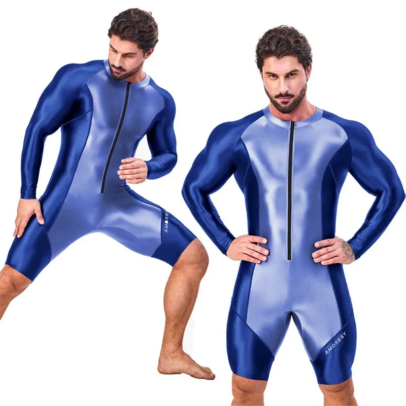 AMORESY Atticus Series Men Glossy Smooth Patchwork High Stretch Long Sleeve Knee Length Tracksuit Jumpsuit Bodysuit Fitness Gym