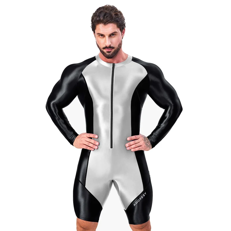 AMORESY Atticus Series Men Glossy Smooth Patchwork High Stretch Long Sleeve Knee Length Tracksuit Jumpsuit Bodysuit Fitness Gym