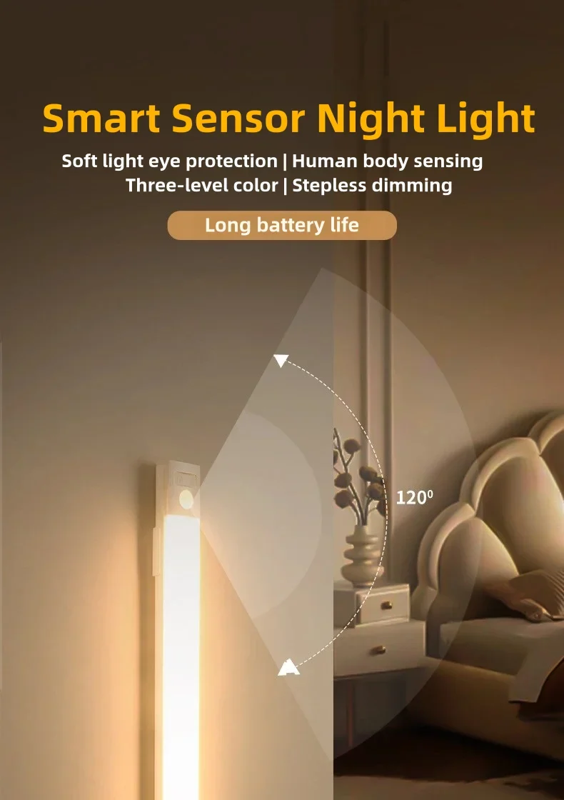 10-50cm LED Motion Sensor Light Night Wireless Lamp USB Battery Rechargeable Wall Under Cabinet For Bedroom Kitchen Lighting