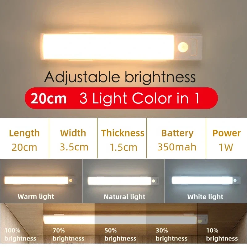 10-50cm LED Motion Sensor Light Night Wireless Lamp USB Battery Rechargeable Wall Under Cabinet For Bedroom Kitchen Lighting