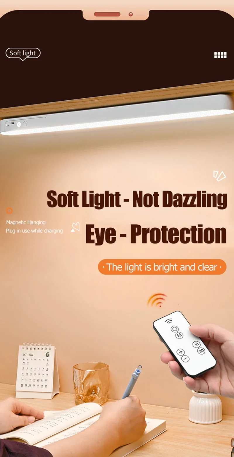 HOMEFISH Eye-care Table Lamp LED Light Bar Rechargeable Wirless Desk Reading Lamp USB Night Light For Bedside Kitchen Cabinet