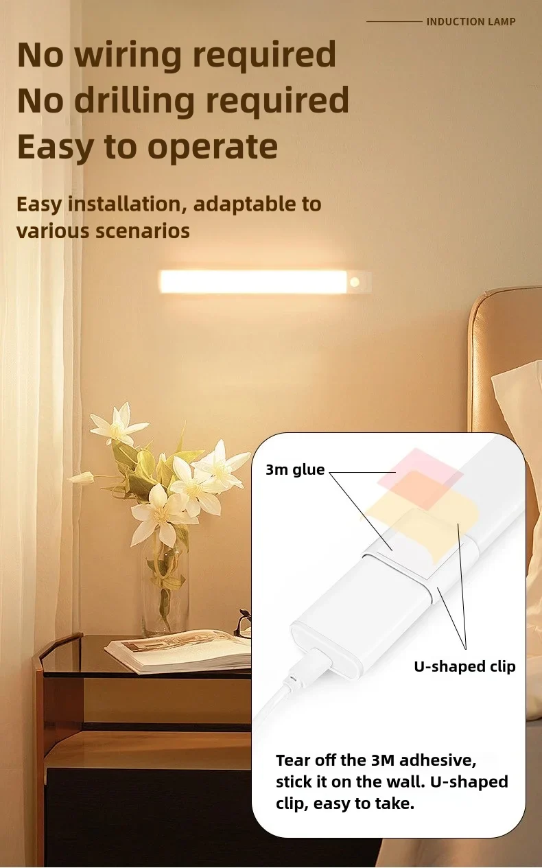 10-50cm LED Motion Sensor Light Night Wireless Lamp USB Battery Rechargeable Wall Under Cabinet For Bedroom Kitchen Lighting