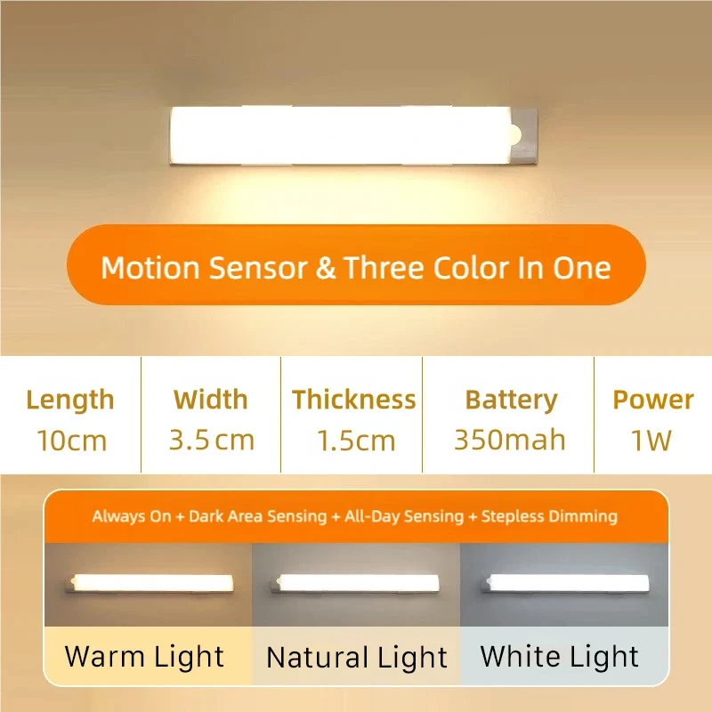 10-50cm LED Motion Sensor Light Night Wireless Lamp USB Battery Rechargeable Wall Under Cabinet For Bedroom Kitchen Lighting