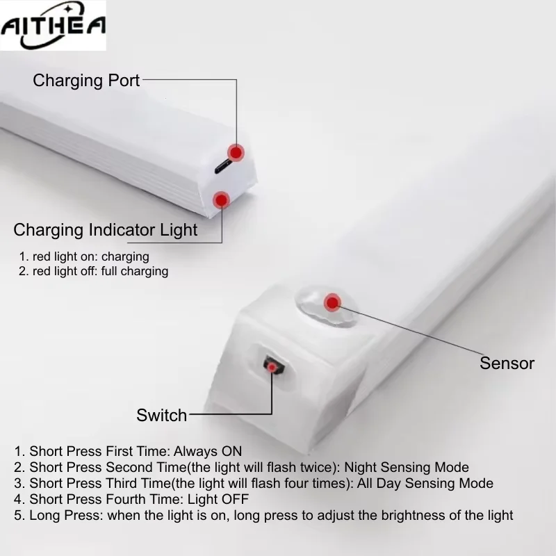 AITHEA USB Rechargeable PIR Motion Sensor LED Bar Lights Dimmable Detector Night Light Portable Induction Cabinet Lamp for Room
