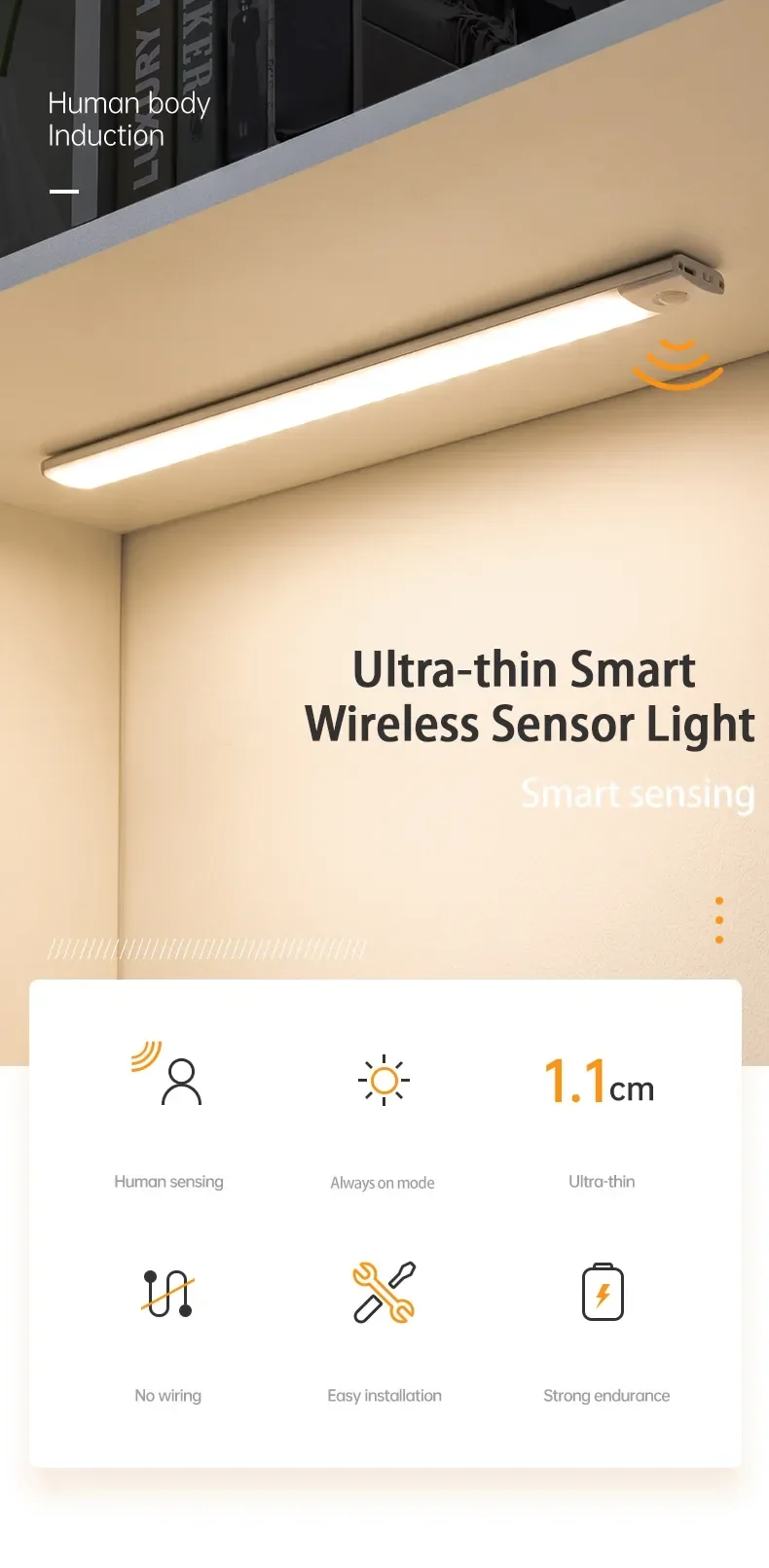Night Light 20/30/40/60CM Motion Sensor Light Wireless USB LED Cabinet Light Wardrobe Lamp For Kitchen Cabinet Bedroom Wardrobe