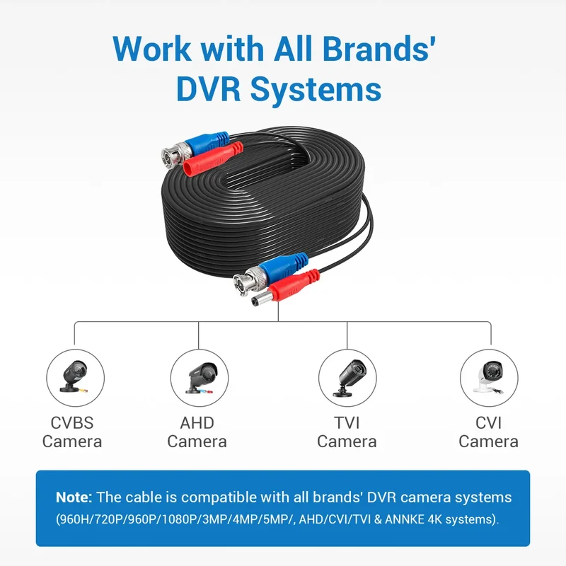 ANNKE 4PCS A Lot 30M 100 Feet BNC Video Power Cable For CCTV AHD Camera DVR Security System Black Surveillance Accessories