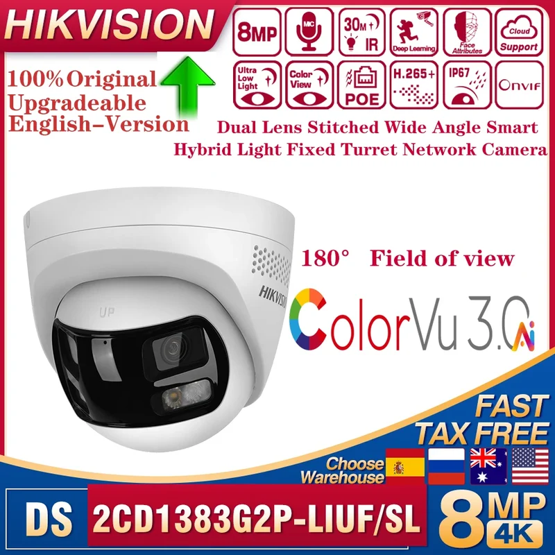 Original Hikvision DS-2CD1383G2P-LIUF/SL 8MP Dual Lens Stitched Wide Angle Smart Hybrid Light 180° Fixed Turret Network Camera