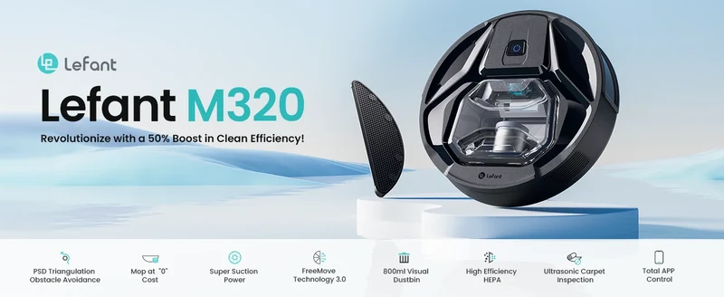 Lefant M320 cordless Robot Vacuum Cleaner and mop, 6000Pa ,210 Mins Runtime,Self-Charging,Ideal for Hard Floor, Pet Hair,Carpet
