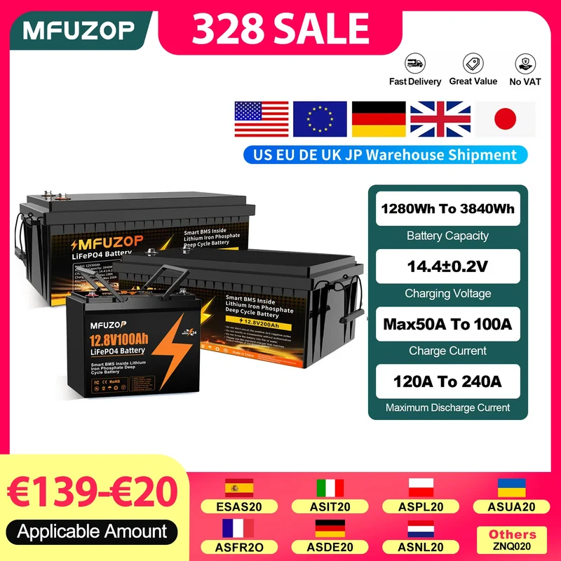 MFUZOP 12V 100Ah 200Ah 300Ah LiFePO4 Battery Intelligent BMS System 1280Wh 2560Wh 3840Wh Deep Cycle for Solar Storage System
