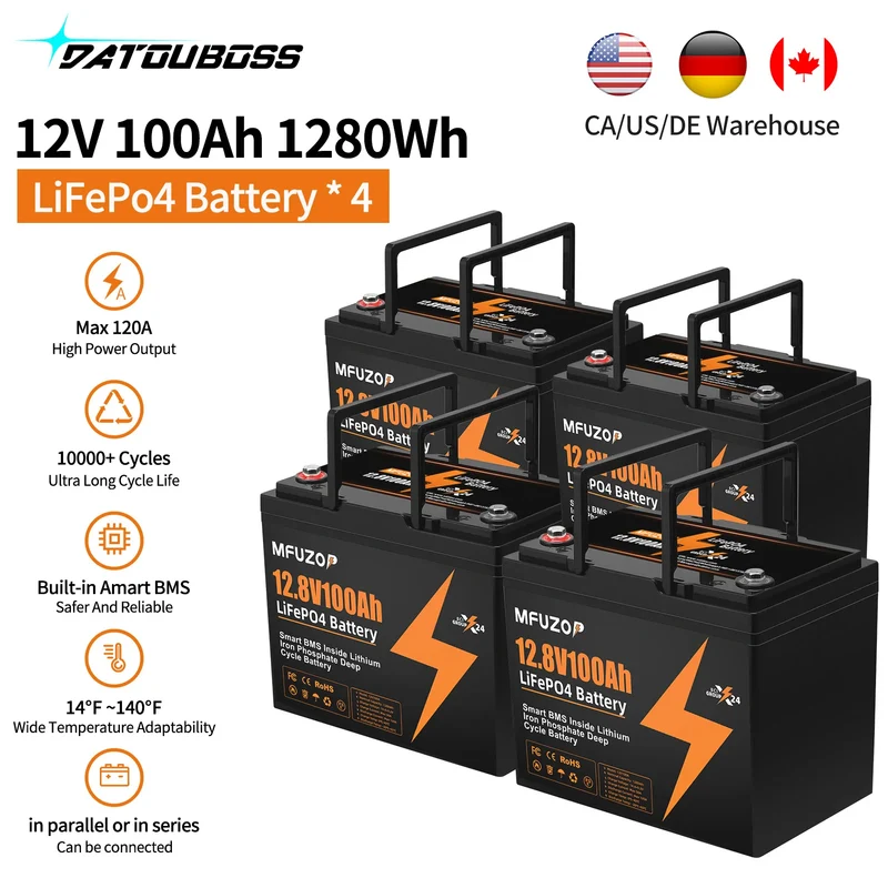 MFUZOP 12V 100Ah 200Ah 300Ah LiFePO4 Battery Intelligent BMS System 1280Wh 2560Wh 3840Wh Deep Cycle for Solar Storage System