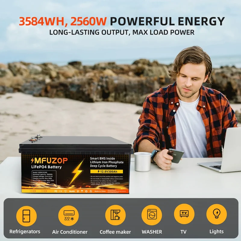 MFUZOP 12V 100Ah 200Ah 300Ah LiFePO4 Battery Intelligent BMS System 1280Wh 2560Wh 3840Wh Deep Cycle for Solar Storage System