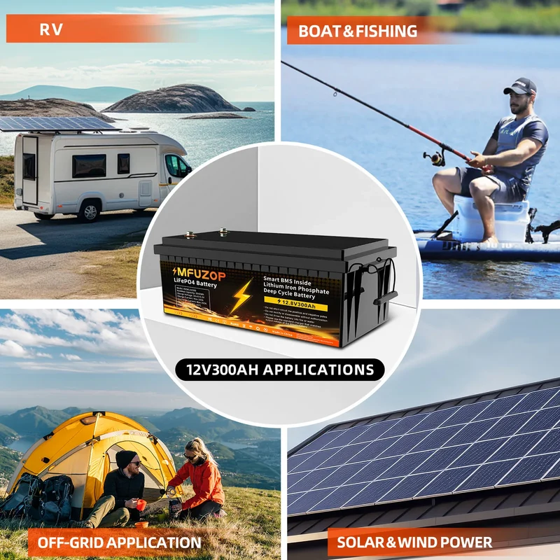 MFUZOP 12V 100Ah 200Ah 300Ah LiFePO4 Battery Intelligent BMS System 1280Wh 2560Wh 3840Wh Deep Cycle for Solar Storage System