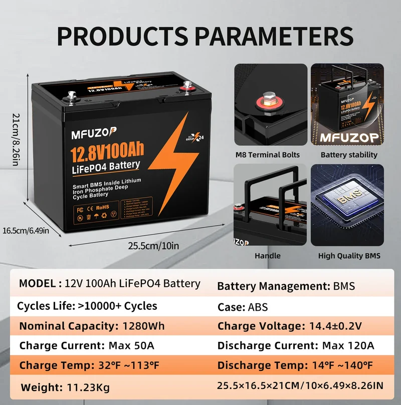 MFUZOP 12V 100Ah 200Ah 300Ah LiFePO4 Battery Intelligent BMS System 1280Wh 2560Wh 3840Wh Deep Cycle for Solar Storage System
