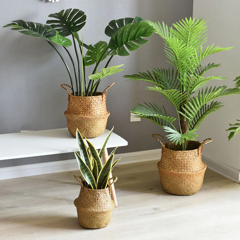 Nordic flower basket, portable woven basket, flower pot, straw woven, bamboo woven, plant woven, floor-standing folding straw wo