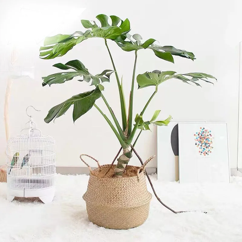 Nordic flower basket, portable woven basket, flower pot, straw woven, bamboo woven, plant woven, floor-standing folding straw wo