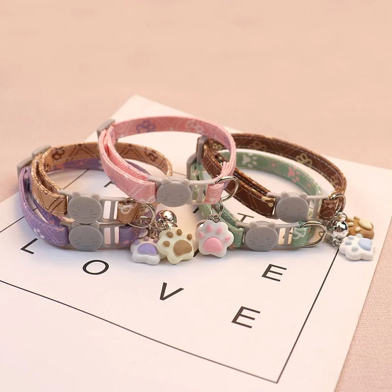Pet Collar With Bell Cartoon Footprint Colorful Dog Puppy Kitten Collar Adjustable Safety Bell Ring Necklace Pet Accessories