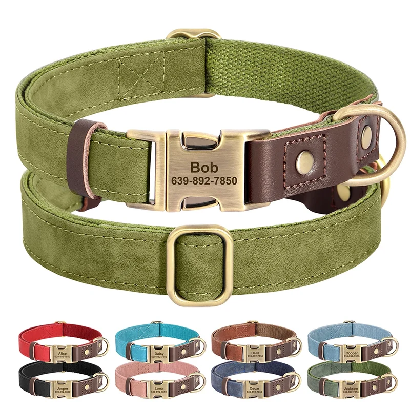 Free Custom PU Leather Dog Collar Engraved Dog Collars Adjustable Pet Buckle ID Necklace Durable for Small Medium Large Dogs Pug
