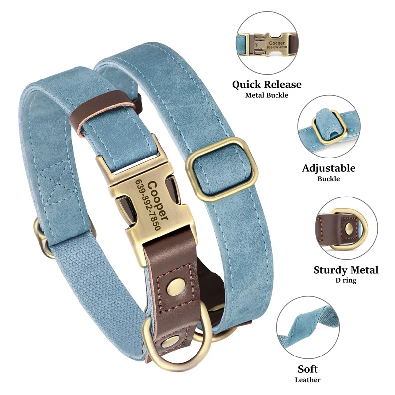 Free Custom PU Leather Dog Collar Engraved Dog Collars Adjustable Pet Buckle ID Necklace Durable for Small Medium Large Dogs Pug