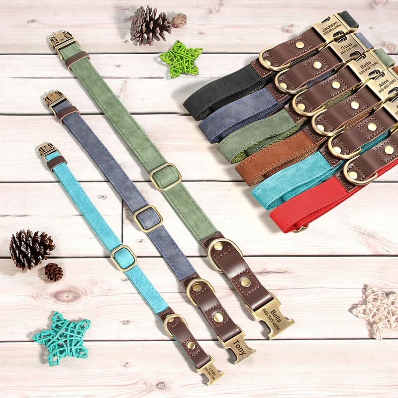 Free Custom PU Leather Dog Collar Engraved Dog Collars Adjustable Pet Buckle ID Necklace Durable for Small Medium Large Dogs Pug