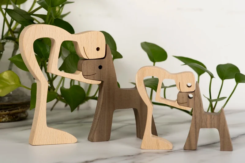 Family Puppy Wood Dog Craft Figurine Desktop Table Ornament Carving Model Home Office Decoration Pet Sculpture Christmas Gift