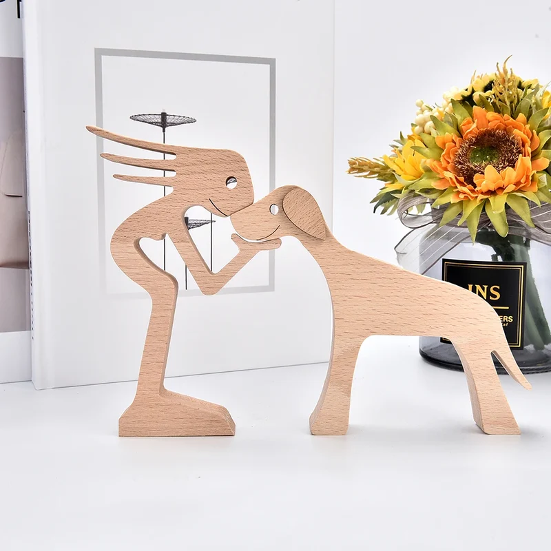 Family Puppy Wood Dog Craft Figurine Desktop Table Ornament Carving Model Home Office Decoration Pet Sculpture Christmas Gift