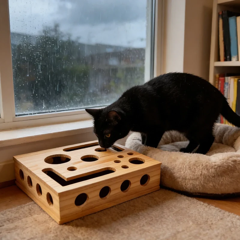 Interactive Frosted Wooden Cat Maze Toy Pet Treat Dispenser Puzzle Box Cat Enrichment Plaything Kitten Foraging Game Feeder