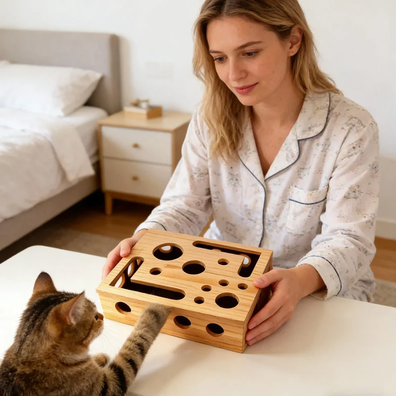 Interactive Frosted Wooden Cat Maze Toy Pet Treat Dispenser Puzzle Box Cat Enrichment Plaything Kitten Foraging Game Feeder