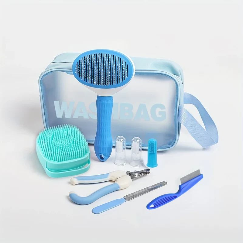 9 Pieces/pet Grooming Kit Includes Hair Removal Brush, Flea Brush, Bath Brush, Nail Clipper and Toothbrush, Storage Bag