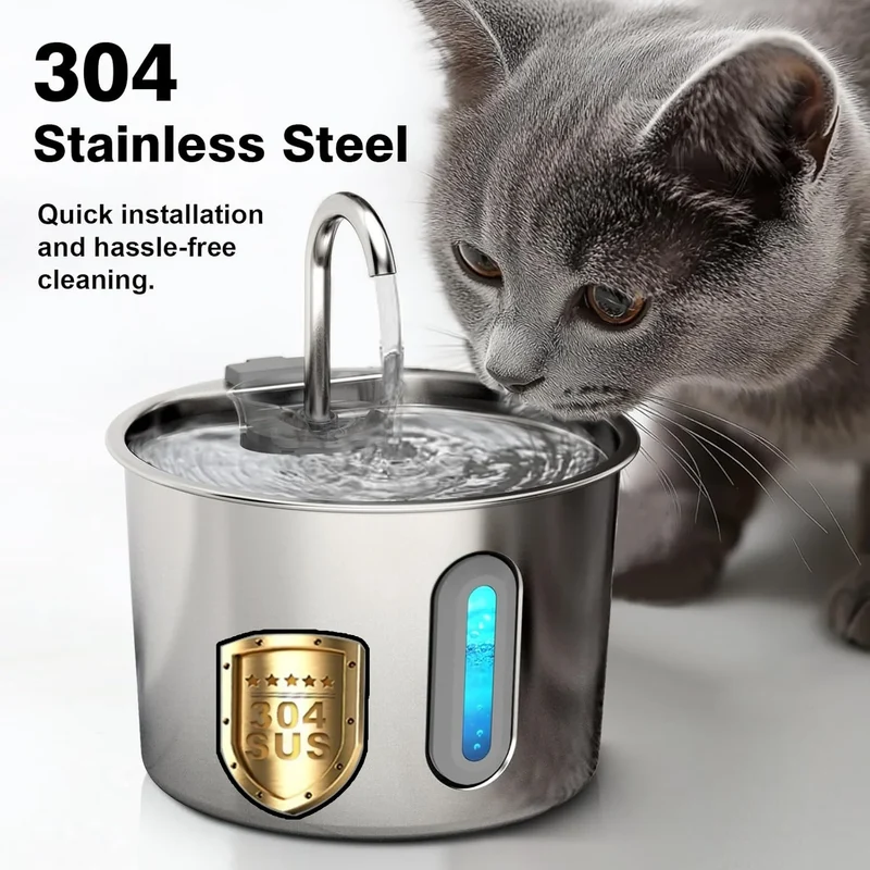 Stainless Steel Cat & Dog Water Fountain 2.2L Ultra Quiet USB Powered Automatic Pet Drinking Fountain Durable for Indoor Pets