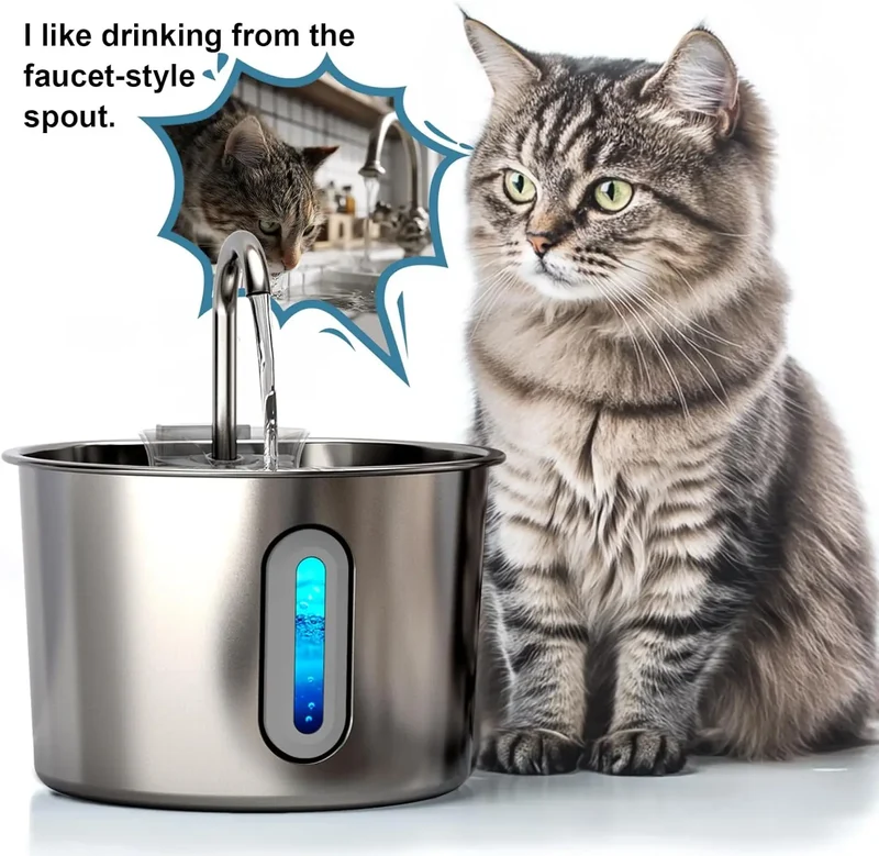 Stainless Steel Cat & Dog Water Fountain 2.2L Ultra Quiet USB Powered Automatic Pet Drinking Fountain Durable for Indoor Pets