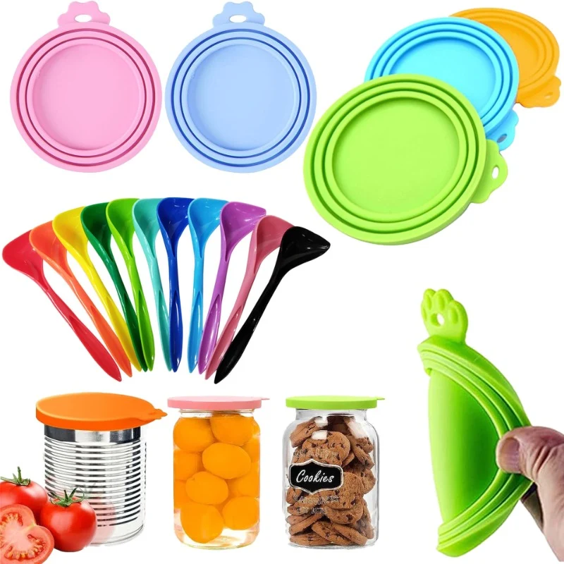 2pcs/set Reusable Pet Food Can Cover Silicone Dogs Cats Storage Tin Cap Lid Seal Cover with Spoon