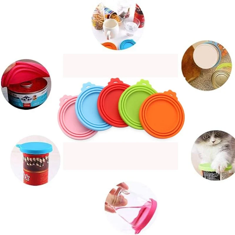 2pcs/set Reusable Pet Food Can Cover Silicone Dogs Cats Storage Tin Cap Lid Seal Cover with Spoon