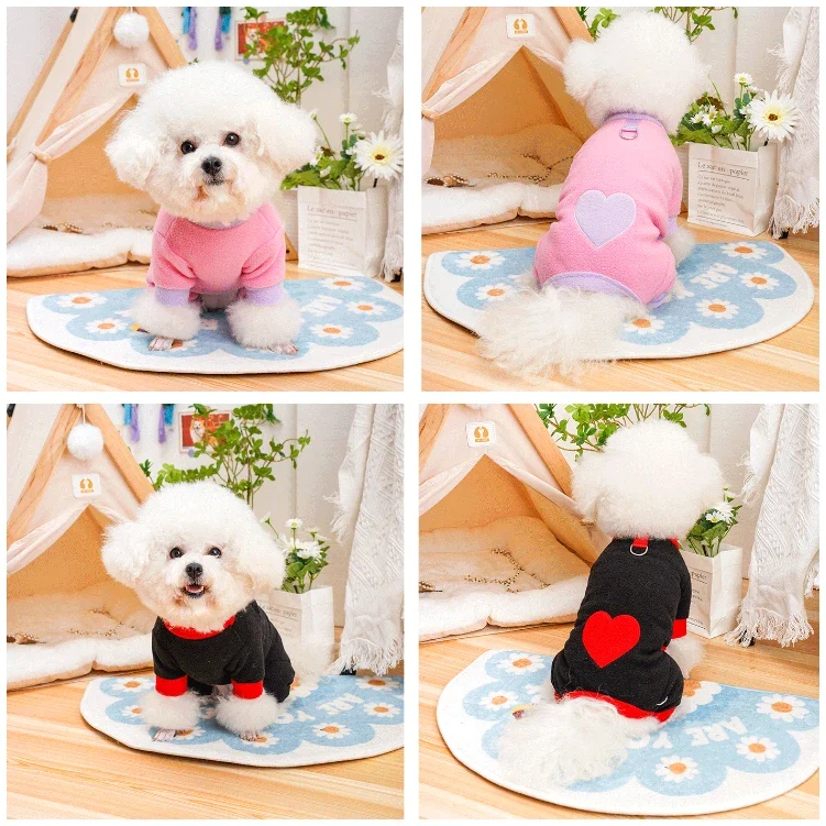 Heart Pattern Dog Pajamas for Small Dogs, Warm Fleece Dog Jumpsuit Yorkie Puppy Onesie Autumn Winter Clothes Chiwawa Pet Apparel